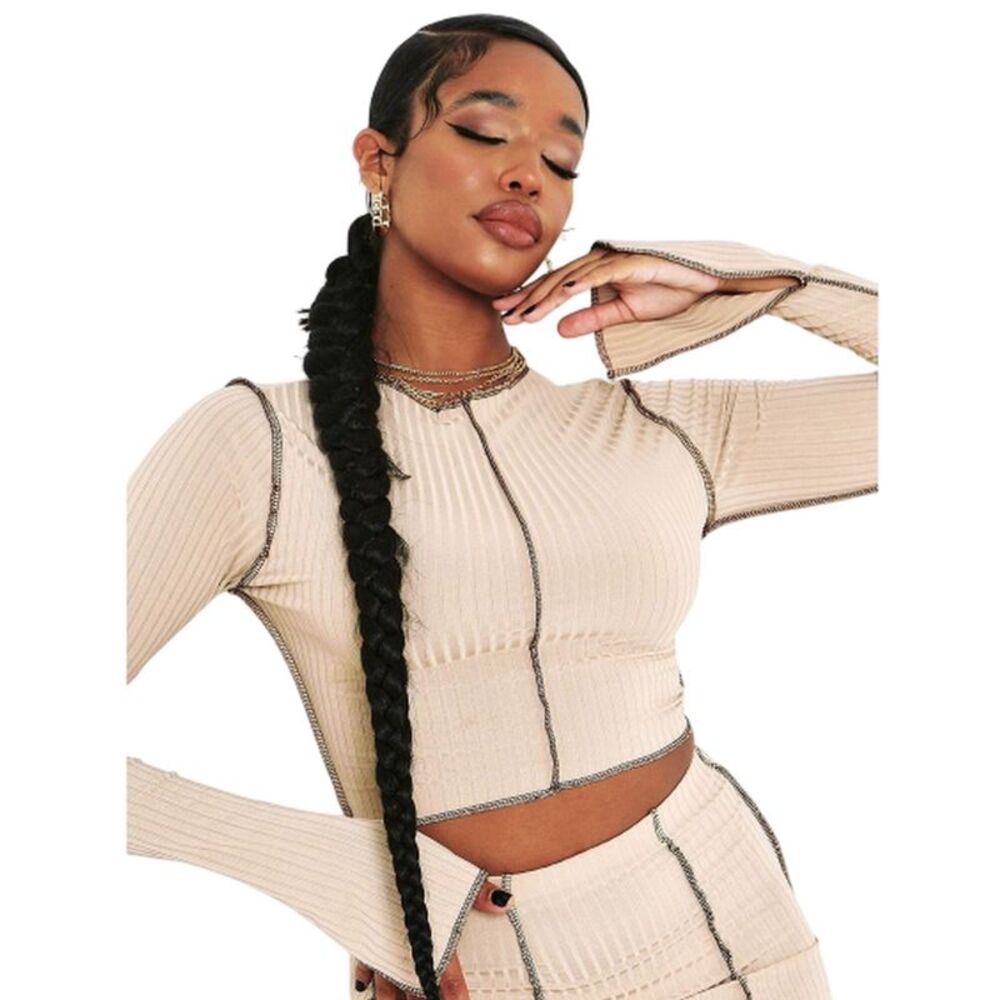 Missy Empire Womens/Ladies Contrast Ribbed Slit Sleeve Crop Top / Stone
